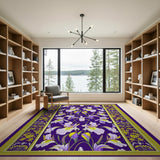 Purple Iris Floral Area Rug with Ornate Gold Border