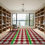 Red Gingham Checkered Area Rug with Green Stripes