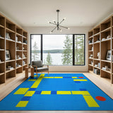 Vibrant Yellow Blocks Blue Field Geometric Area Rug