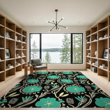 Teal Lotus Floral Area Rug on Black