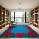 Red Roses Floral Border Blue Area Rug