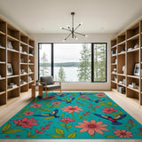 Vibrant Teal Hummingbird Pink Flower Area Rug
