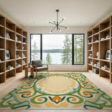 Ornate Green Floral Oval Border Area Rug