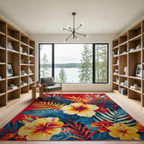 Vibrant Red Palm Leaf and Hibiscus Area Rug