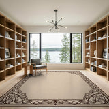 Ornate Beige Scroll Border Area Rug