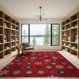 Festive Red Snowflake Geometric Red Area Rug