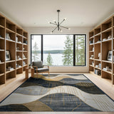 Abstract Navy Gold Wave Geometric Area Rug