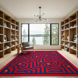 Red Maze Labyrinth Area Rug with Yellow Stars