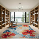 Vibrant Hibiscus Floral Blue Teal Area Rug