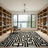 Intricate Maze Labyrinth Black White Geometric Rug