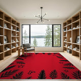 Bold Red Feather Leaf Bird Border Area Rug