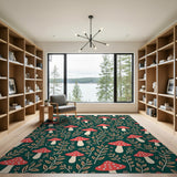 Kids Cartoon Whimsical Red Mushroom Forest Area Rug