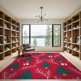 Festive Christmas Trees Gifts Red Area Rug