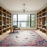 Washable Whimsical Pastel Floral Butterfly Low Pile Area Rug