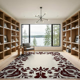 Ornate Maroon Floral Border Cream Rug