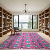 Hot Pink Teal Floral Pattern Area Rug