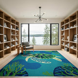 Teal Sea Turtle Coastal Coastal Beach Area Rug