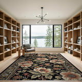 Vintage Peony Floral Area Rug on Black