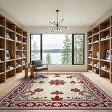 Red Floral Border Cream Area Rug