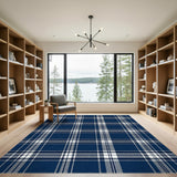 Geometric Modern Blue and Teal Navy Blue Plaid Washable Area Rug