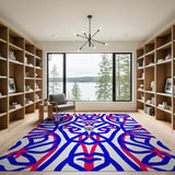 Bold Blue Red Interlocking Geometric Area Rug