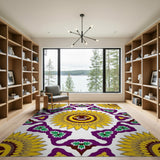 Smiling Sunflower Purple Motif Area Rug