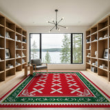 Festive Red Snowflake Area Rug with Green Border