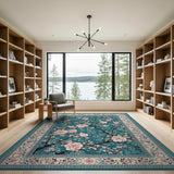 ODIKA Washable Teal Floral Area Rug - Pink Cherry Blossom Traditional Low Pile Non-Slip Rug