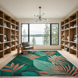 Coral and Teal Leaf Boho Area Rug