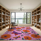 Orange Sunflower Butterfly Pink Area Rug