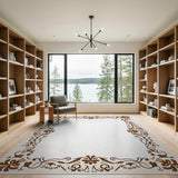 Ornate Brown Floral Vine Border Area Rug