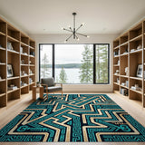 Teal Maze Key Geometric Area Rug