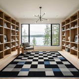 Modern Geometric Checkerboard Area Rug Black White Grey Blue
