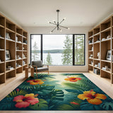 ODIKA Tropical Hibiscus Floral Washable Area Rug - Non-Slip Low Pile Palm Leaf Carpet