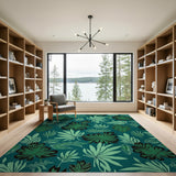 Lush Green Leaves on Teal Area Rug