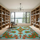 Ornate Teal Persian Rug with Orange Floral Vines