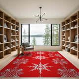 Red Snowflake Area Rug with Intricate White Patterns