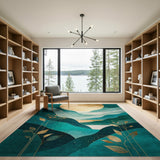 ODIKA Modern Abstract Mountain Teal & Gold Washable Area Rug - Low Pile, Non-Slip, Pet & Kid Friendly