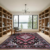 Black Persian Area Rug with Red Floral Medallion