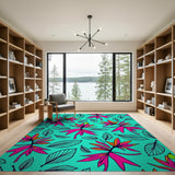 Vibrant Teal Hibiscus Floral Area Rug