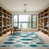 Whimsical Teal Fish School Area Rug