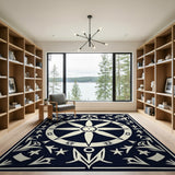 Black White Geometric Compass Rose Area Rug