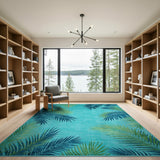 Blue and Teal Palm Teal Palm Frond Coastal Area Rug