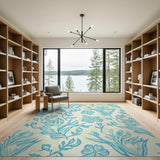Teal Floral Leaves Area Rug