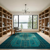 Teal Gold Grid Geometric Area Rug