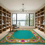 Ornate Teal Lotus Gold Border Rug