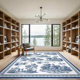 Blue Toile Pastoral Washable Area Rug