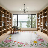 Pink Daisy Tulip Floral Border Area Rug