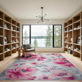 Pink Poppy Floral Area Rug on Grey