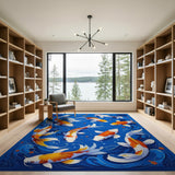 Vibrant Koi Fish Swimming in Blue Waves Area Rug